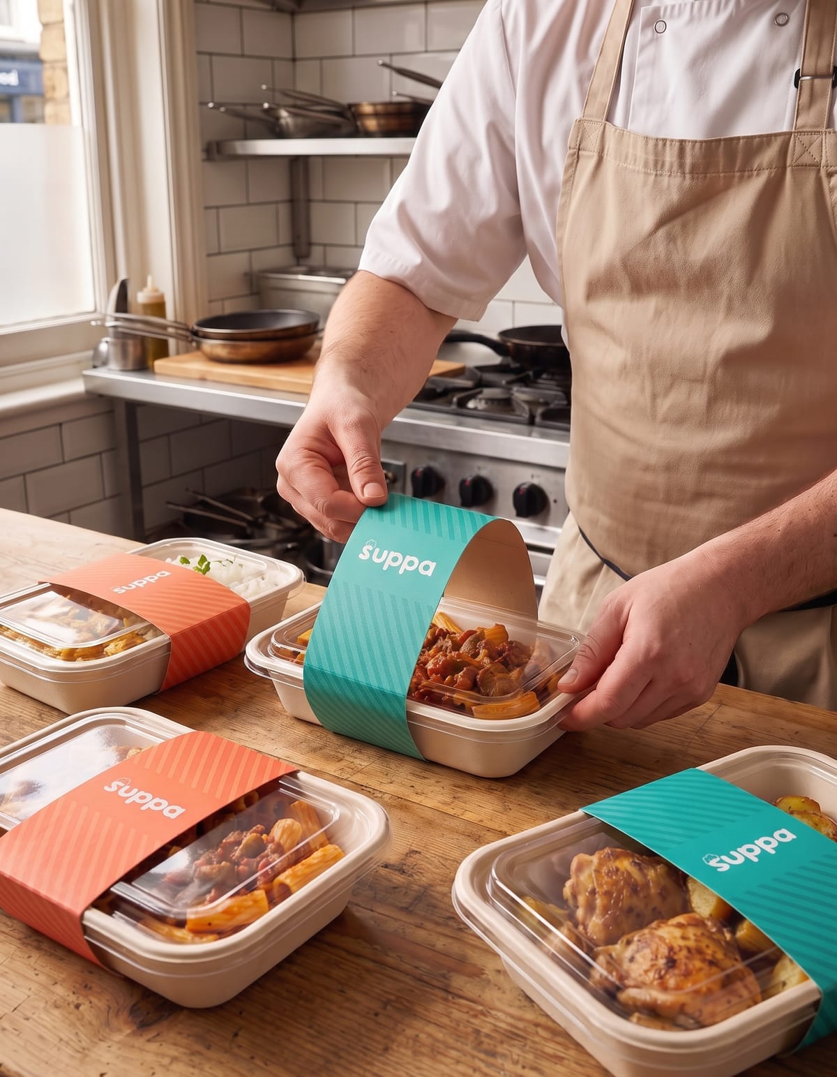 Trays lined up on a restaurant pass ready for collection