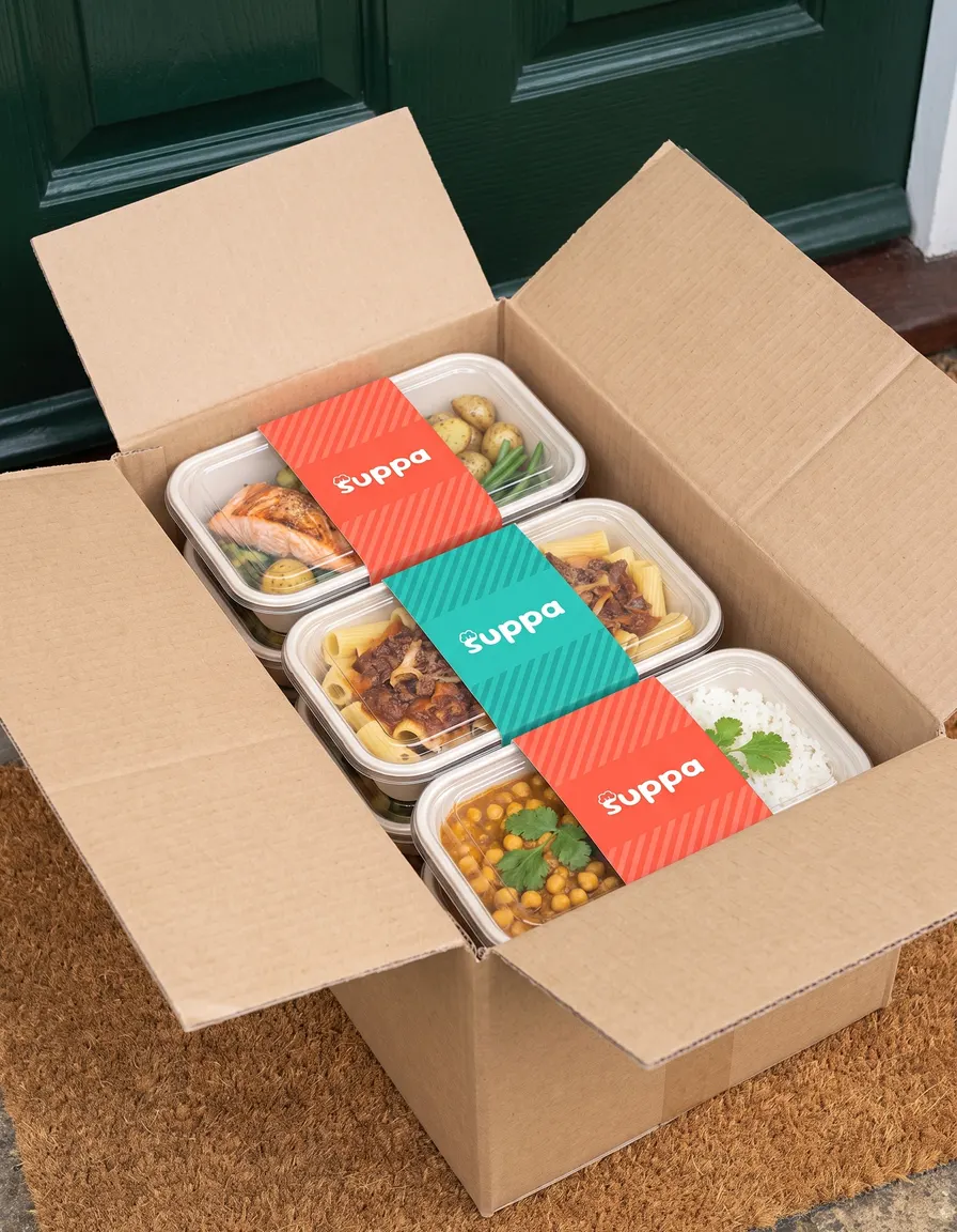An open delivery box on a front doorstep holding three sleeved Suppa trays
