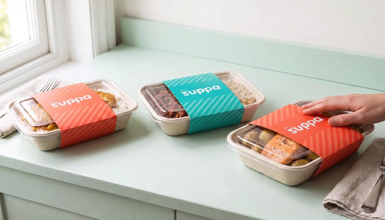 Three sleeved Suppa trays of katsu curry, beef chilli and salmon on a mint kitchen counter