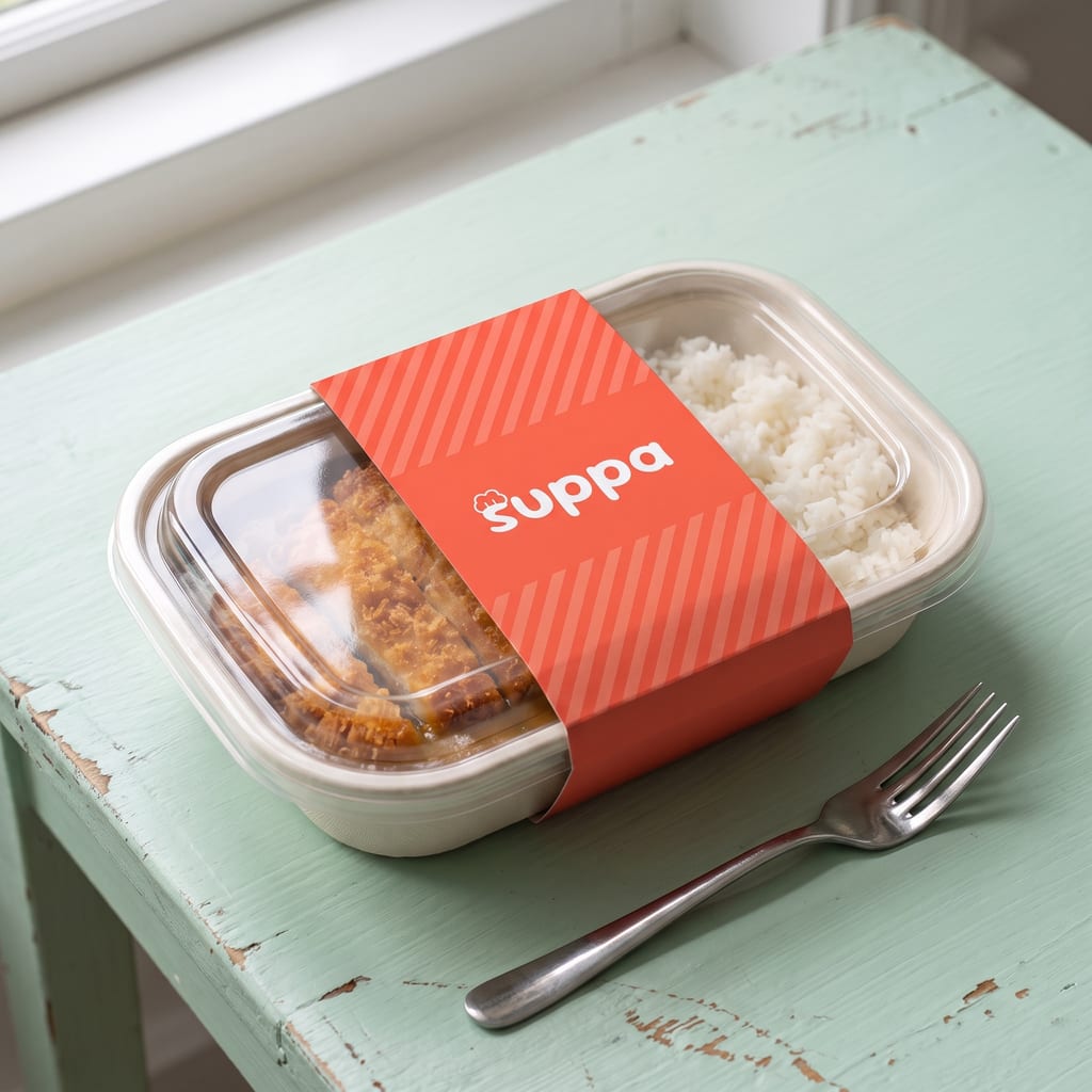 A lidded Suppa tray of chicken katsu and rice in its coral sleeve, a fork beside it