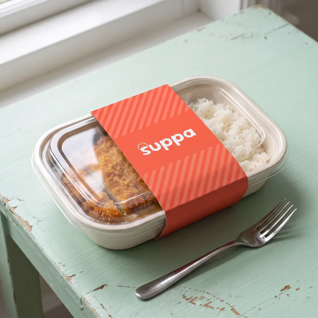 A Suppa tray of Thai green chicken curry and jasmine rice, its orange striped sleeve slid back