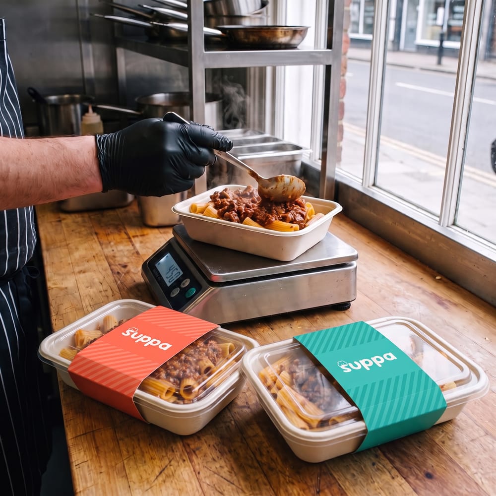 A chef portioning beef ragu into a Suppa tray on the scales, sleeved trays beside it